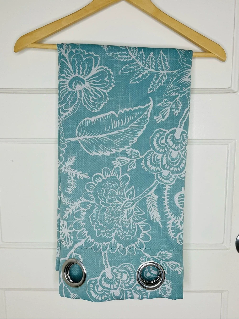 Aqua Floral Silver Grommet Curtain 2 Panels 82”x37”